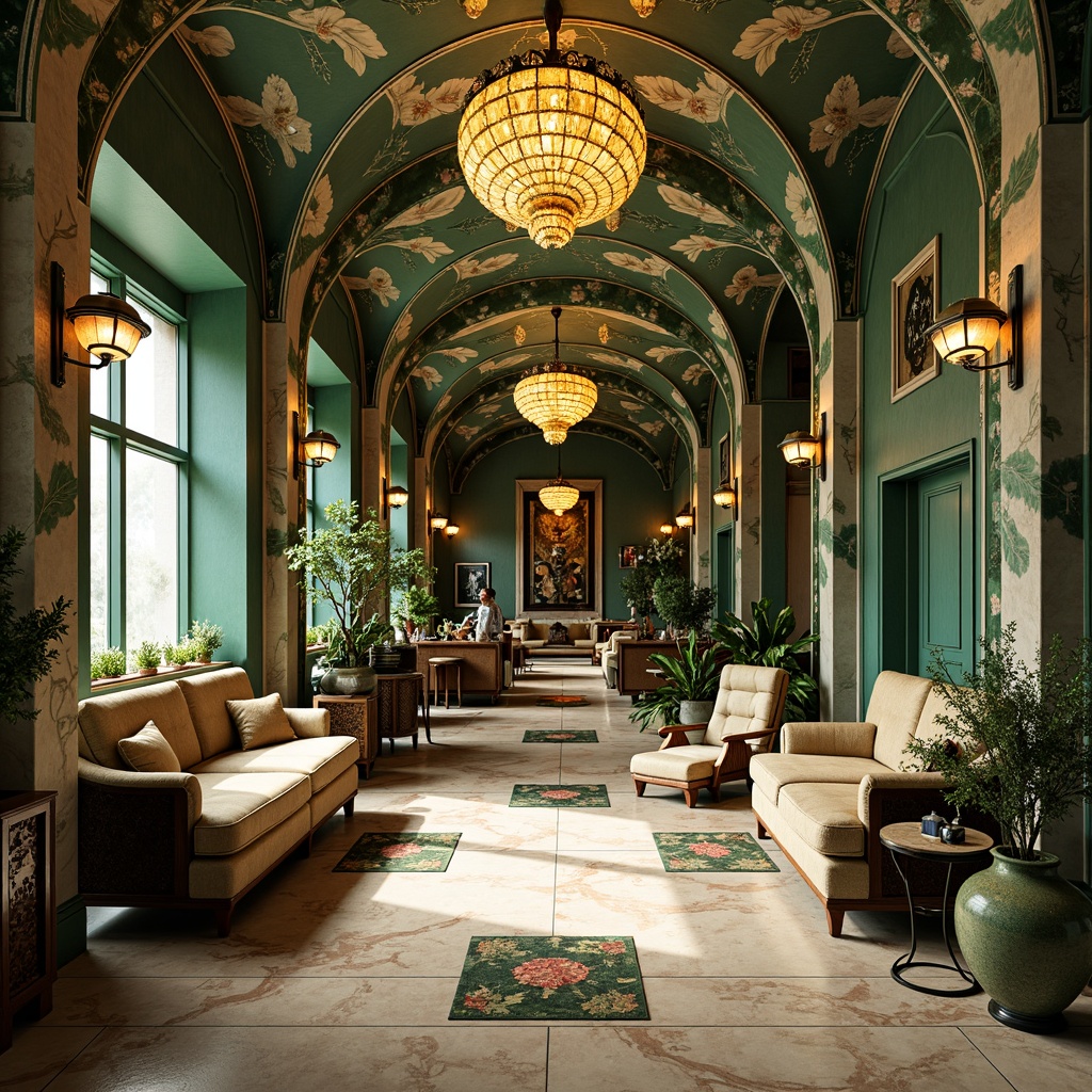 Prompt: Luxurious Art Nouveau interior, sinuous organic lines, flowing curves, ornate details, rich jewel-toned colors, emerald green walls, sapphire blue accents, amber gold furnishings, creamy ivory marble, velvety soft upholstery, intricate flower patterns, natural motifs, whimsical illustrations, warm golden lighting, subtle gradient effects, high-contrast textures, ornate metalwork, eclectic vintage decor, dramatic drapery, lavish fabrics, opulent chandeliers, romantic ambiance, dreamy atmosphere.