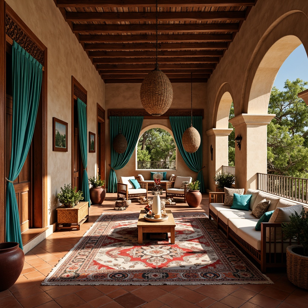 Prompt: Richly patterned rugs, warm terracotta tiles, distressed wooden accents, ornate Moorish arches, lavish velvet drapes, intricately carved wooden furniture, vibrant turquoise hues, natural stone walls, rustic clay pottery, woven wicker chairs, plush sectional sofas, ambient candlelight, soft Mediterranean breezes, 1/1 composition, shallow depth of field, realistic textures.