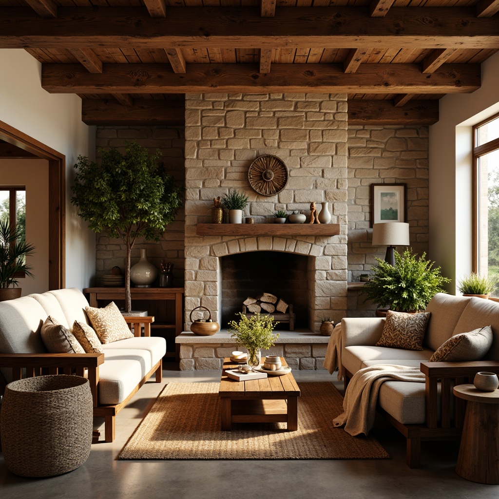 Prompt: Cozy family room, rustic wooden accents, distressed wood textures, earthy tone color palette, stone walls, brick fireplaces, comfortable plush sofas, vintage wooden furniture, natural fiber rugs, woven baskets, potted plants, warm golden lighting, soft focus, 1/2 composition, shallow depth of field, realistic rough stone surfaces, ambient occlusion.