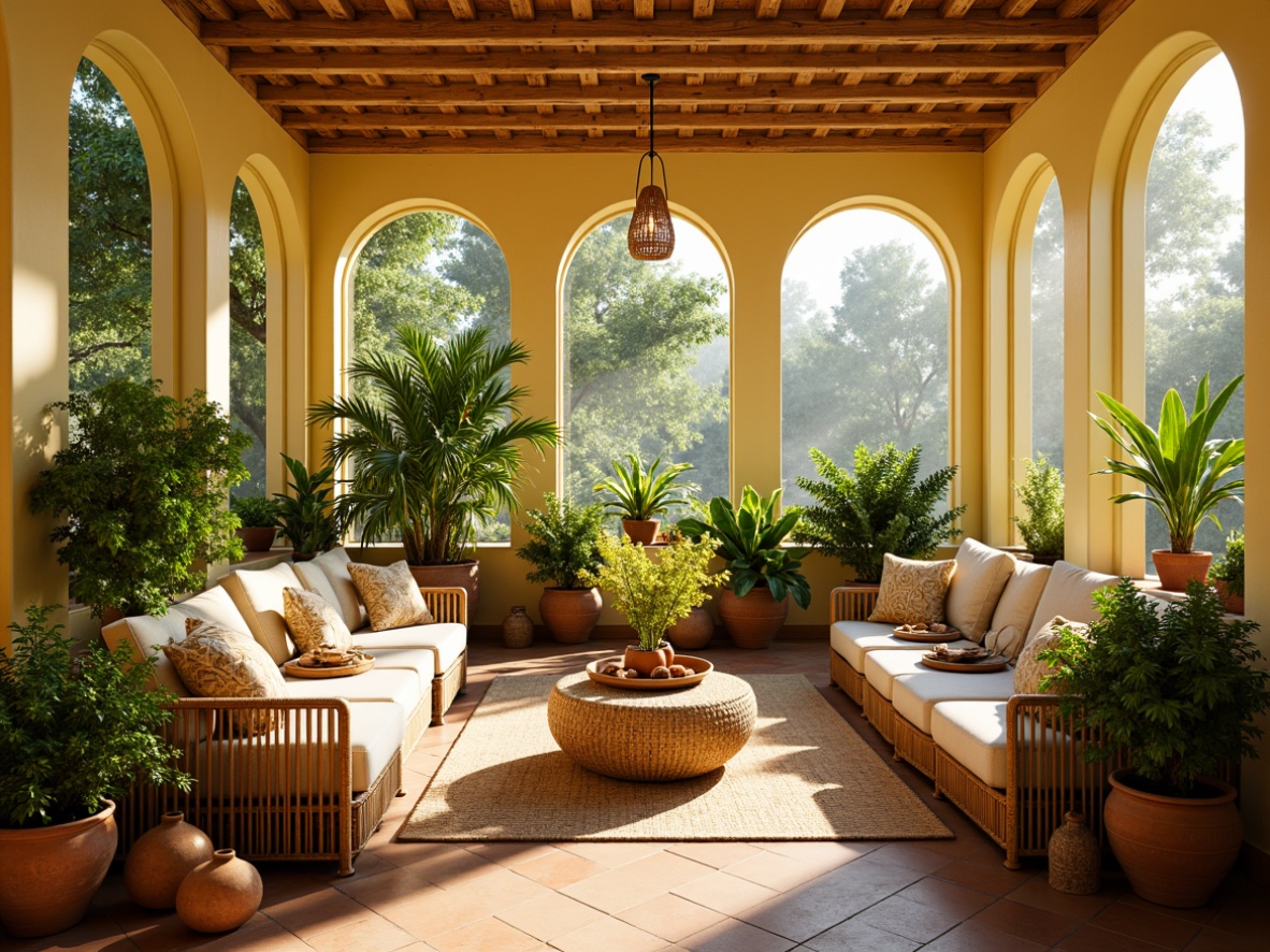 Prompt: Vibrant sunroom, warm natural light, bright yellow walls, creamy white trim, rich wood accents, lush greenery, exotic plants, wicker furniture, soft cushions, natural fabrics, earthy terracotta pots, serene ambiance, 1/1 composition, shallow depth of field, warm golden lighting, realistic textures.