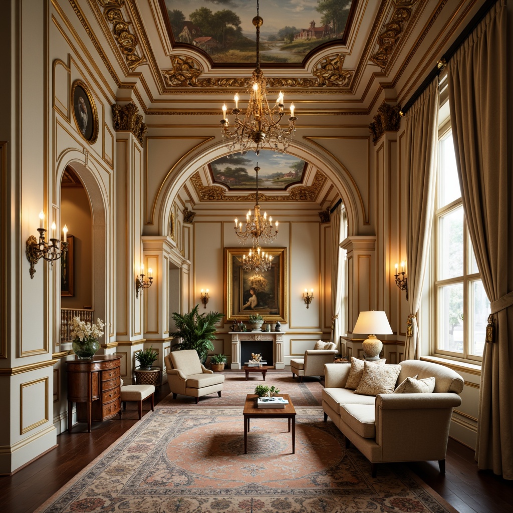 Prompt: Luxurious rococo interior, ornate moldings, gilded details, intricate carvings, soft cream walls, rich velvet fabrics, golden accents, crystal chandeliers, curved lines, whimsical patterns, delicate frescoes, lavish furnishings, plush carpets, majestic archways, dramatic drapery, opulent materials, warm candlelight, shallow depth of field, 1/2 composition, romantic ambiance.