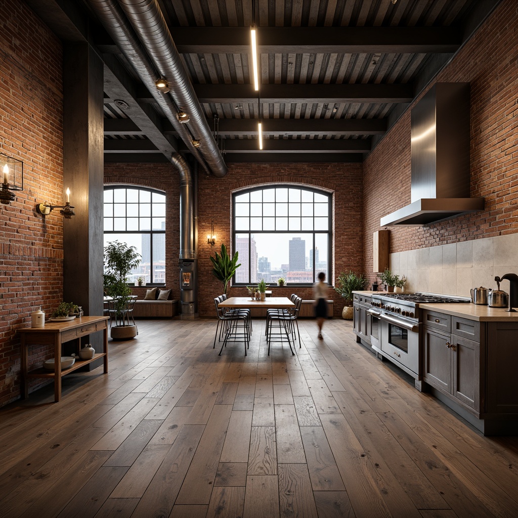 Prompt: Exposed brick walls, metal beams, industrial-style lighting fixtures, reclaimed wood flooring, distressed finishes, urban loft atmosphere, open-plan living space, minimalist decor, functional exposed pipes, stainless steel appliances, concrete countertops, metallic accents, high ceilings, oversized windows, cityscape views, warm natural light, soft focus, shallow depth of field, 2/3 composition, cinematic mood.