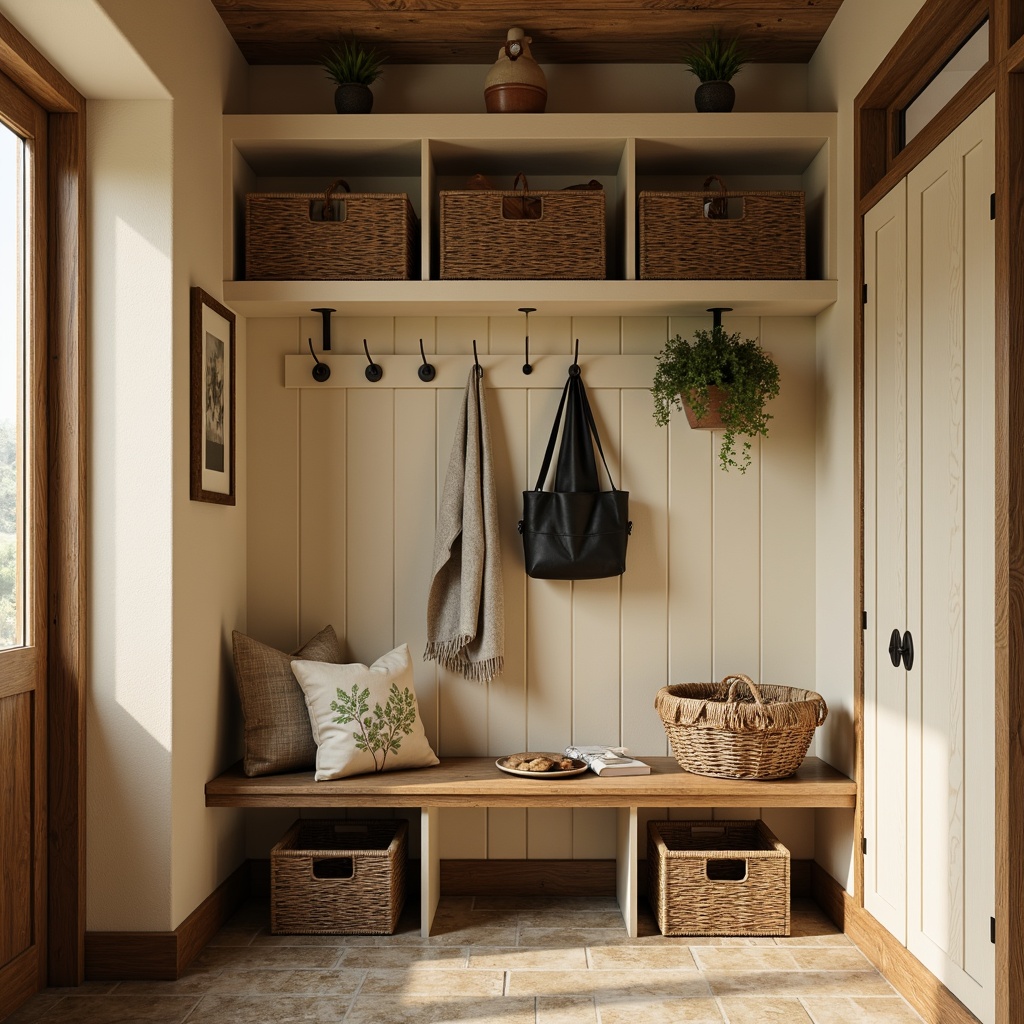 Prompt: Rustic mudroom, earthy tones, warm beige walls, natural wood accents, weathered stone floors, cozy bench seating, woven baskets, vintage metal hooks, soft cream-colored cabinets, distressed wooden shelves, rich brown leather straps, nature-inspired textiles, botanical prints, muted greenery, warm golden lighting, shallow depth of field, 2/3 composition, realistic textures, ambient occlusion.