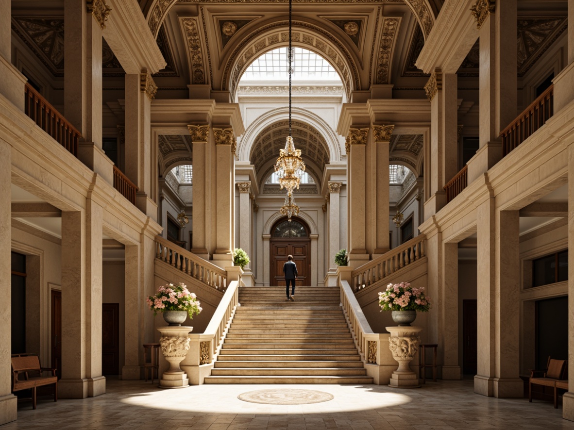 Prompt: Grand pavilion, classical architecture, ornate details, Corinthian columns, carved stone capitals, intricate moldings, decorative friezes, symmetrical fa\u00e7ade, grand entrance, majestic staircase, polished marble floors, gilded ornaments, crystal chandeliers, soft warm lighting, shallow depth of field, 1/1 composition, realistic textures, ambient occlusion.