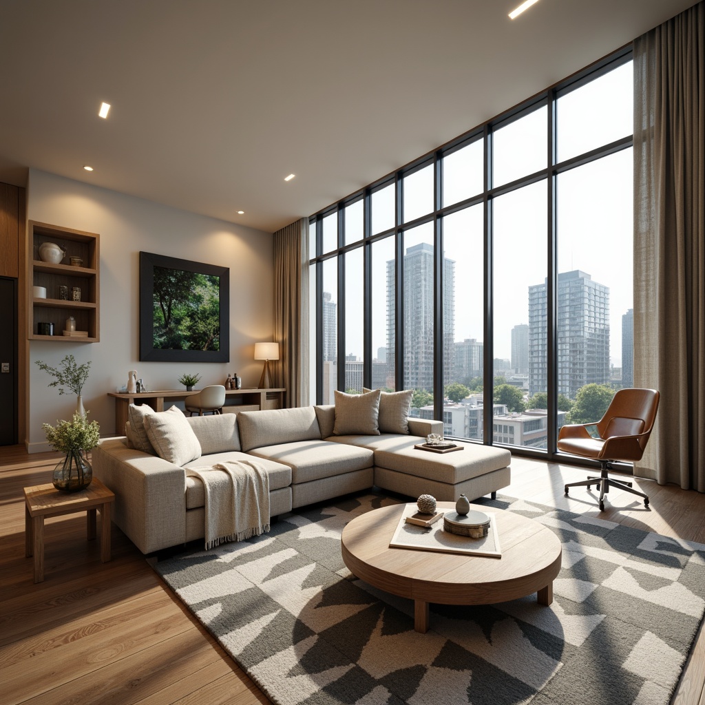 Prompt: Modern living room, sleek wooden coffee table, comfortable sectional sofa, geometric patterned rug, floor-to-ceiling windows, natural daylight, urban cityscape view, minimalist decor, functional shelving units, concealed storage cabinets, ergonomic office chair, adjustable desk lamp, greenery wall art, soft warm lighting, shallow depth of field, 1/1 composition, realistic textures, ambient occlusion.