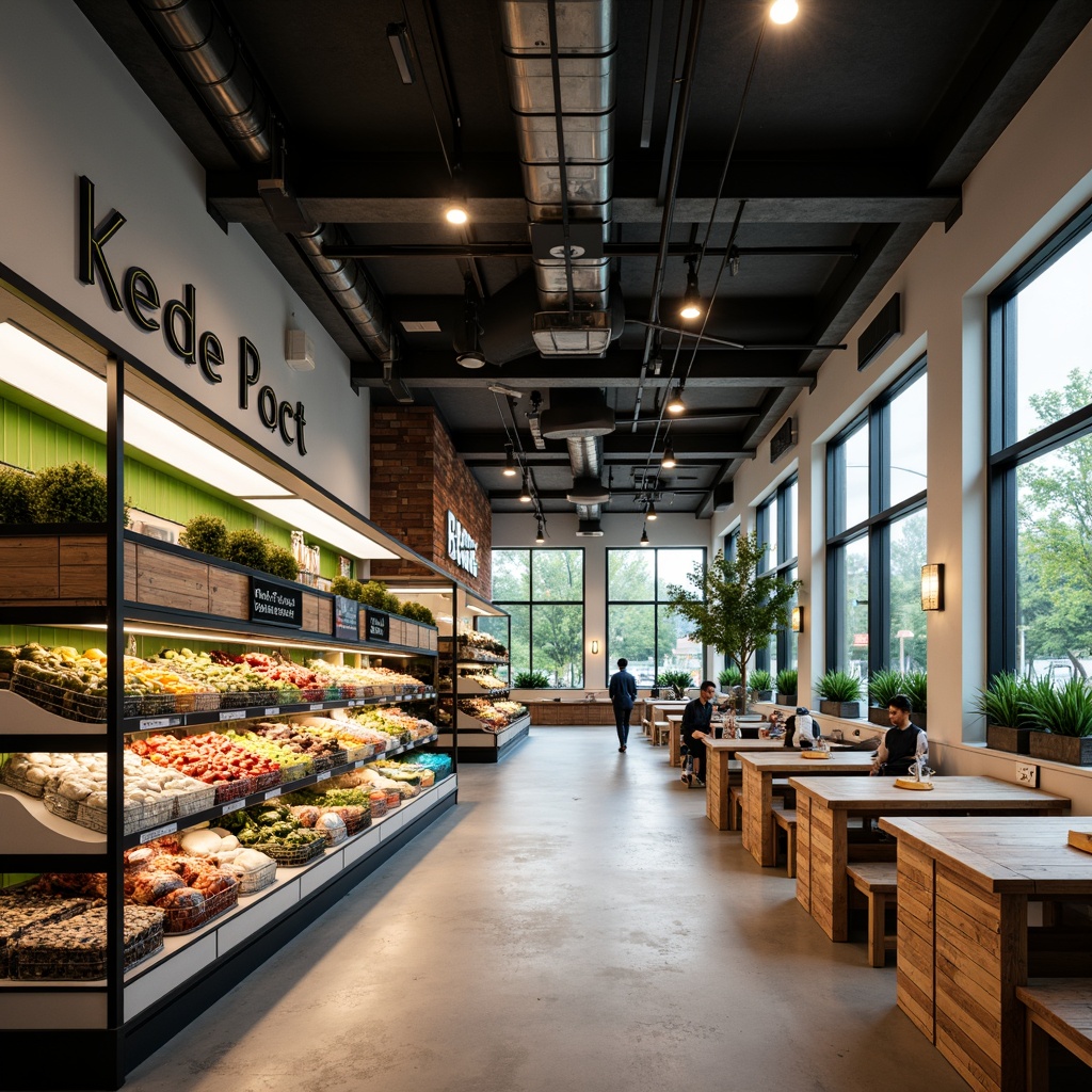 Prompt: Modern grocery store interior, sleek display fixtures, streamlined shelving units, LED lighting, polished metal accents, minimalist decor, urban aesthetic, concrete floors, industrial-chic atmosphere, abundant natural light, floor-to-ceiling windows, green walls, living plants, modern typography, digital signage, interactive kiosks, wooden crates, rustic textures, warm color palette, soft ambient lighting, shallow depth of field, 2/3 composition, realistic reflections, subtle motion blur.