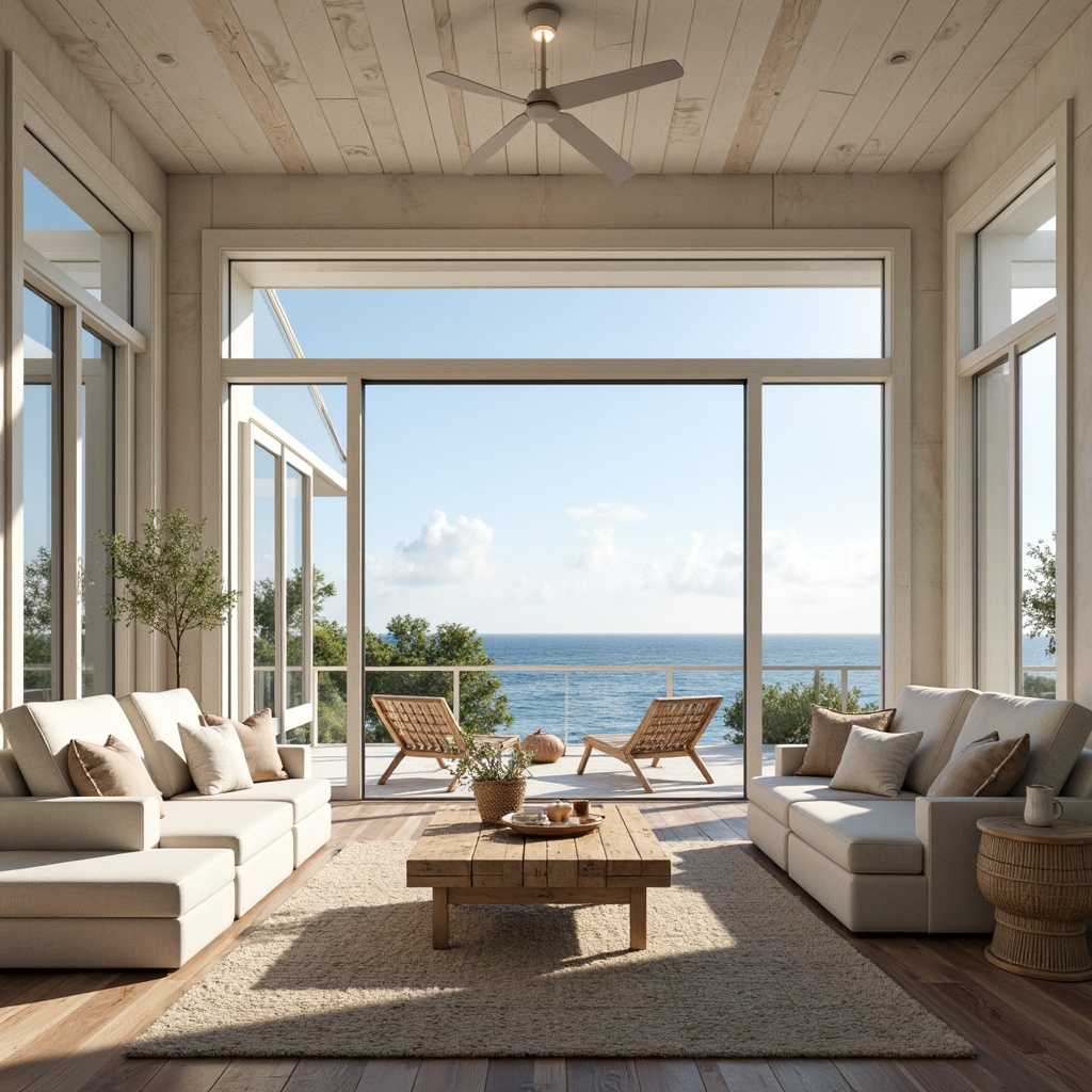 Prompt: Coastal living room, floor-to-ceiling windows, sliding glass doors, ocean views, natural light pouring in, airy atmosphere, whitewashed wood accents, driftwood decorative elements, sandy beige tones, soft blue hues, nautical rope details, woven sea grass textures, minimalist decor, reflective surfaces, mirror finishes, LED lighting, ambient glow, 1/1 composition, shallow depth of field, warm sunny day.