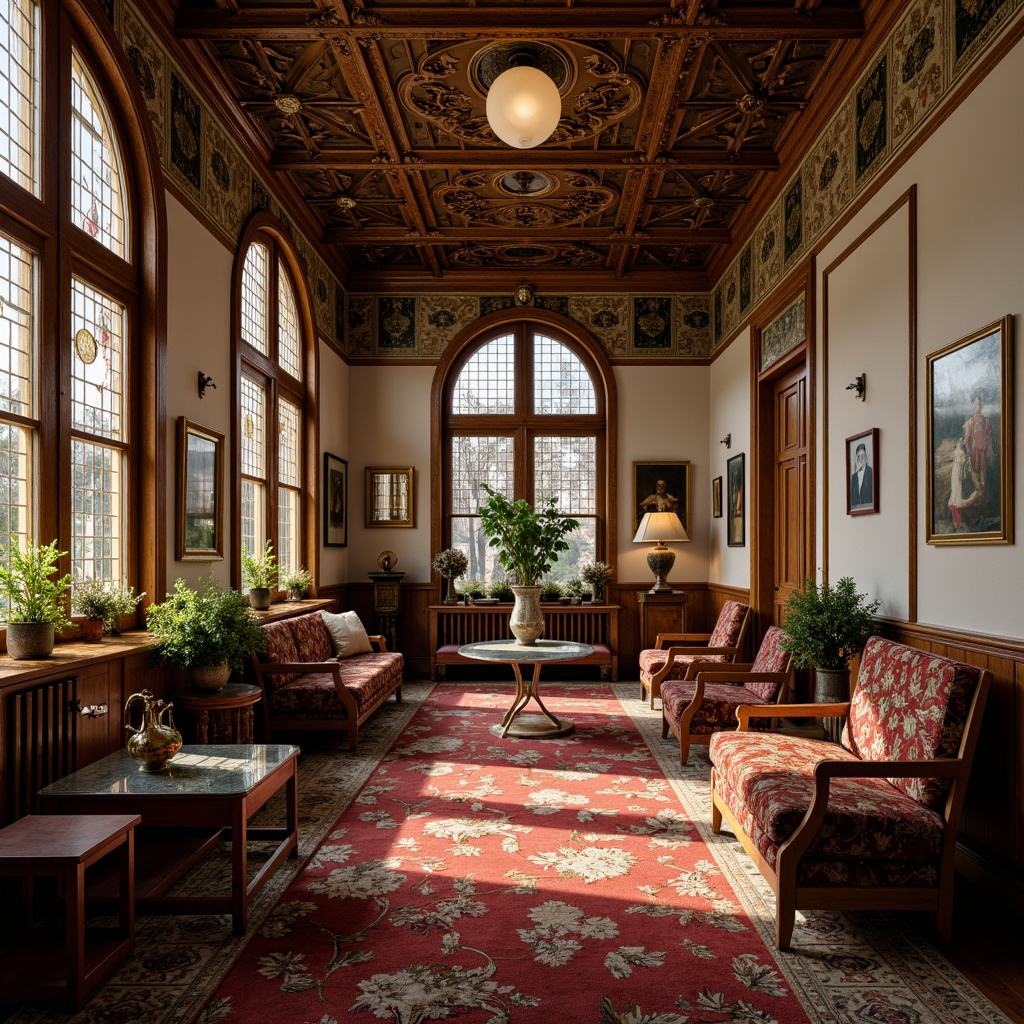 Prompt: Opulent waiting room, intricately patterned walls, flowing organic lines, ornate metalwork, stained glass windows, rich wooden accents, velvet upholstery, luxurious fabrics, vintage medical equipment, antique furniture pieces, warm golden lighting, soft focus effect, shallow depth of field, 1/1 composition, symmetrical framing, high-contrast color palette, subtle texture overlays.