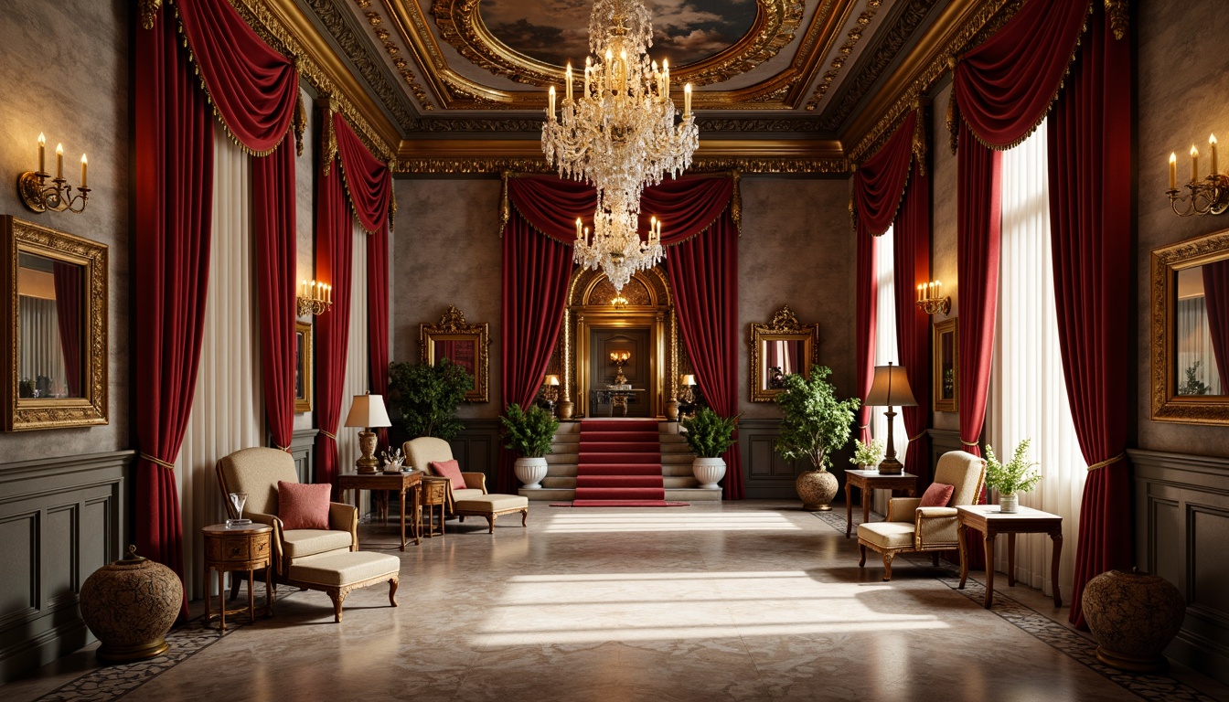 Prompt: Opulent Baroque interior, rich velvet drapes, intricate golden ornaments, ornate mirrors, lavish crystal chandeliers, smooth marble floors, rustic stone walls, warm candlelight, dramatic shadows, luxurious fabrics, regal red and gold accents, carved wooden furniture, gilded details, lavish frescoes, high ceilings, grandiose staircases, symmetrical compositions, 1/1 ratio, softbox lighting, realistic textures, ambient occlusion.