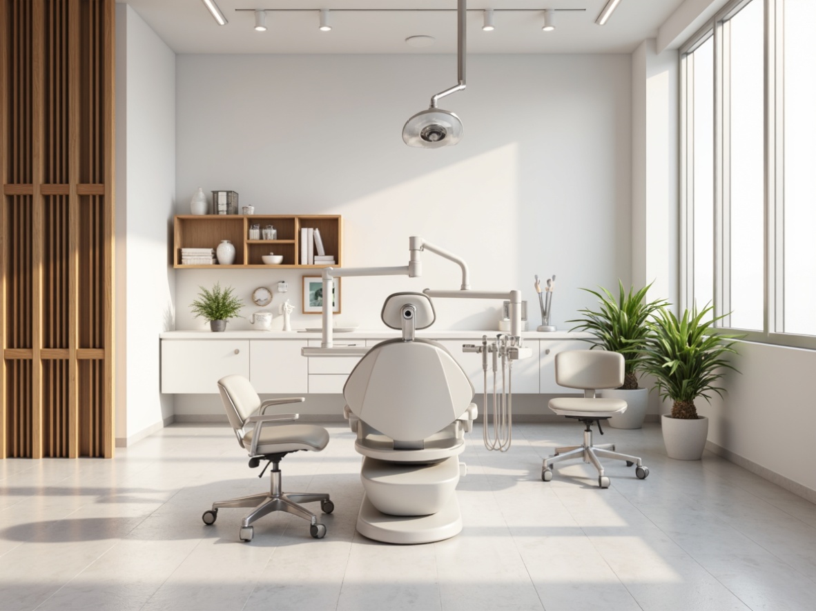 Prompt: Clean minimalist dental clinic, soft warm lighting, subtle shadows, pure white walls, polished chrome fixtures, sleek wooden accents, modern ergonomic chairs, spotless glass surfaces, sterile stainless steel equipment, calm atmosphere, gentle color palette, 1/1 composition, shallow depth of field, realistic textures, ambient occlusion.