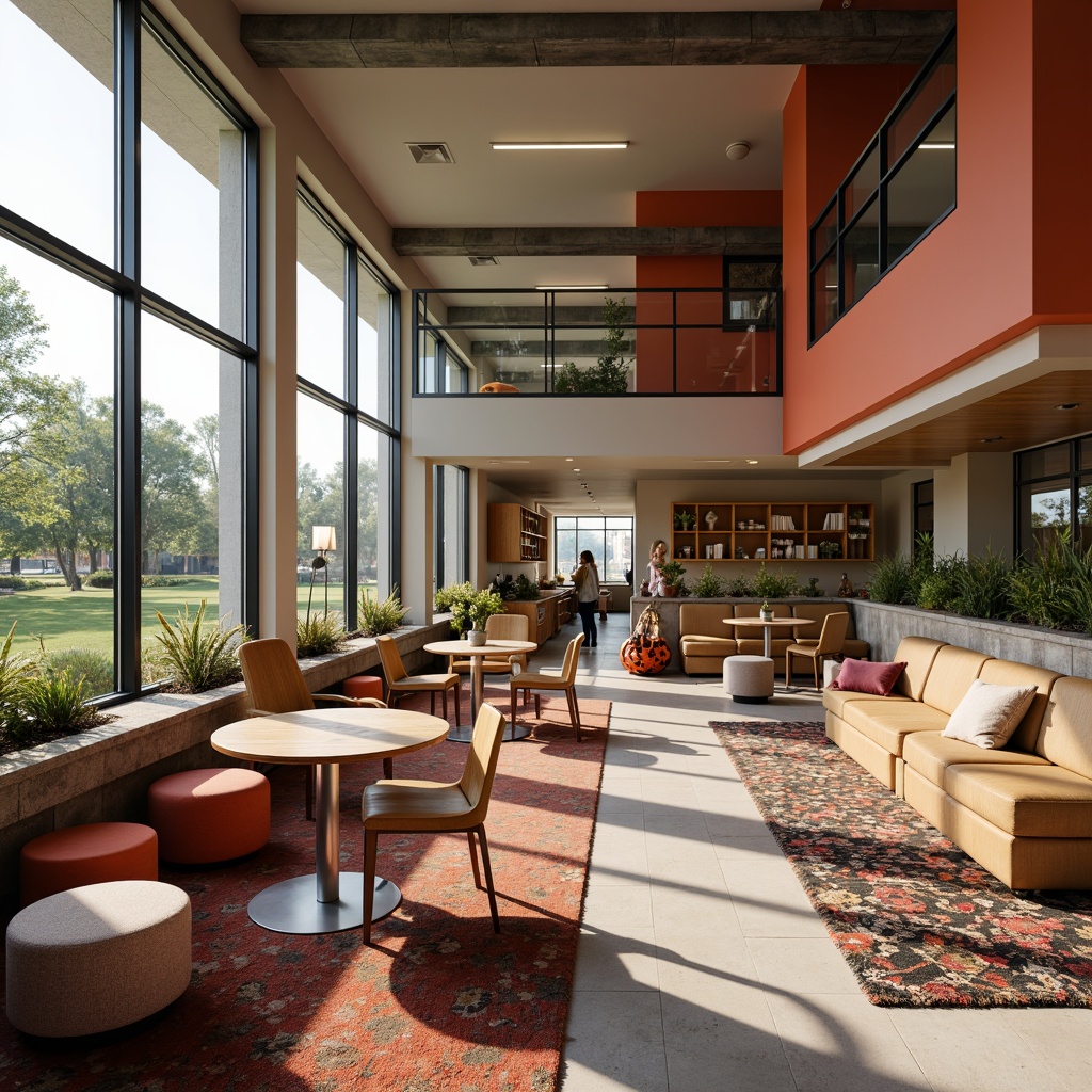 Prompt: Cozy community center, open floor plan, comfortable seating areas, wooden tables, metal chairs, soft cushions, vibrant color schemes, natural light pouring in, large windows, modern minimalist design, functional shelving units, decorative rugs, warm ambient lighting, 3/4 composition, shallow depth of field, realistic textures, subtle shadows.