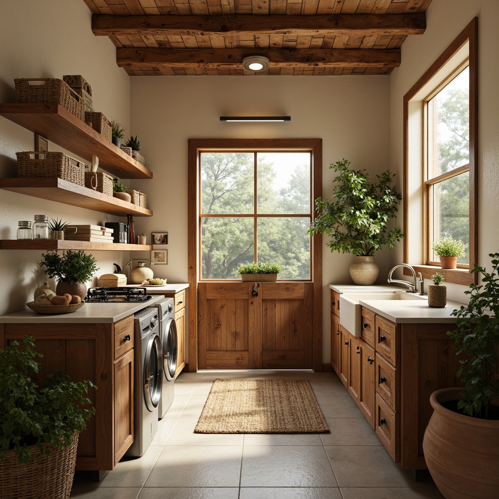 Prompt: Cozy laundry room, rustic wooden cabinets, warm beige walls, soft cream-colored countertops, vintage metal appliances, woven wicker baskets, plush area rugs, natural linen fabrics, earthy terracotta pots, lush greenery, calming ambient lighting, 1/1 composition, realistic textures, subtle color palette, inviting atmosphere, tactile materials, organic shapes, warm color tones.