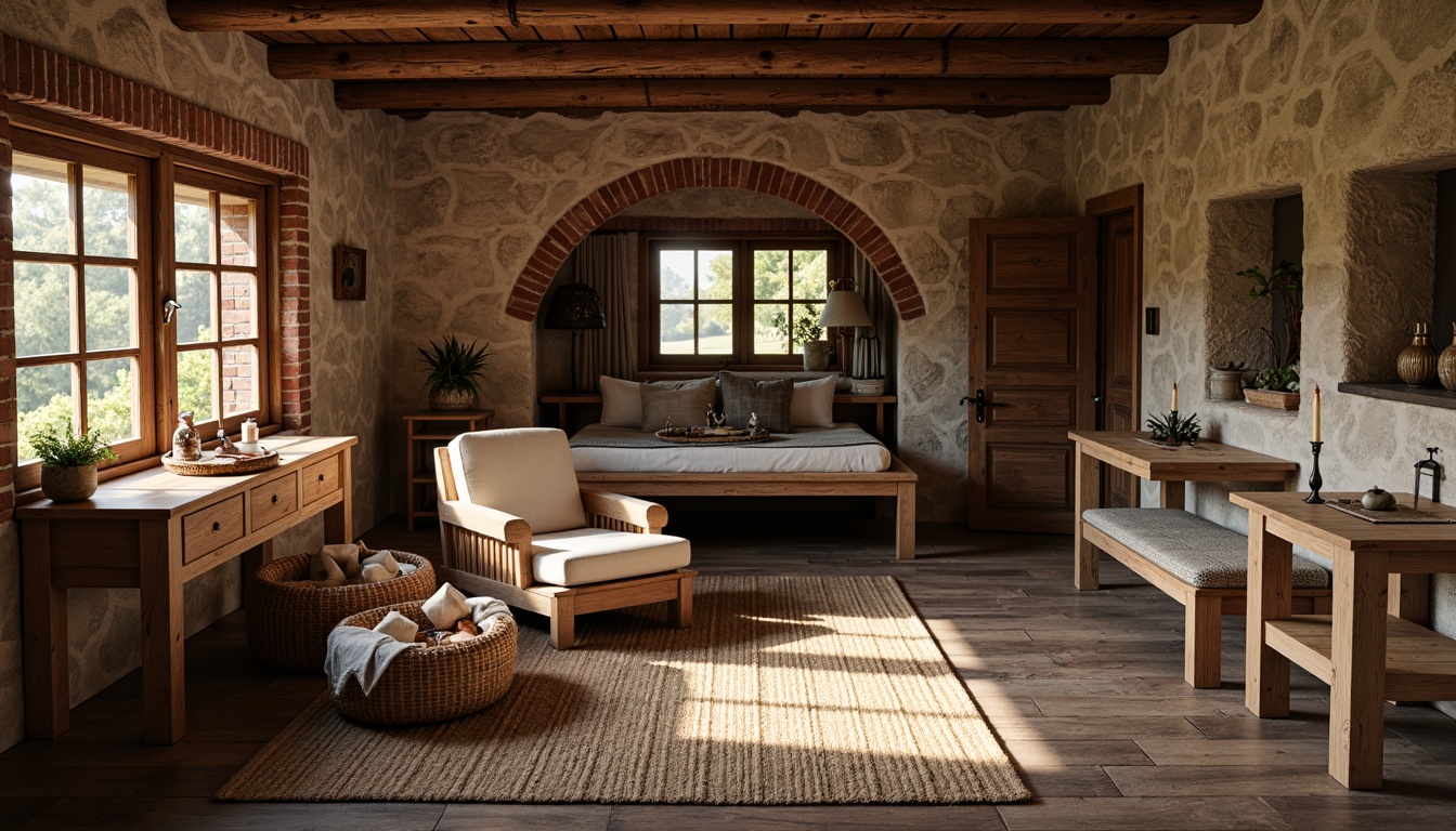 Prompt: Rustic wooden cabin, natural stone walls, earthy color palette, woven baskets, jute rugs, plush towels, distressed metal fixtures, vintage decor, candles, lanterns, wooden beams, brick arches, soft warm lighting, shallow depth of field, 1/2 composition, intimate ambiance, cozy textures, ambient occlusion.