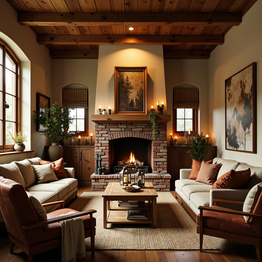 Prompt: Cozy family room, rustic wooden furniture, earthy color palette, warm beige walls, natural stone fireplace, plush velvet sofas, vintage metal lanterns, woven jute rugs, distressed wood accents, soft golden lighting, autumnal foliage, candles, wooden ceiling beams, comfortable pillows, nature-inspired artwork, rich brown leather armchairs, warm red brick surround, crackling fire sounds, shallow depth of field, 1/2 composition, realistic textures, ambient occlusion.