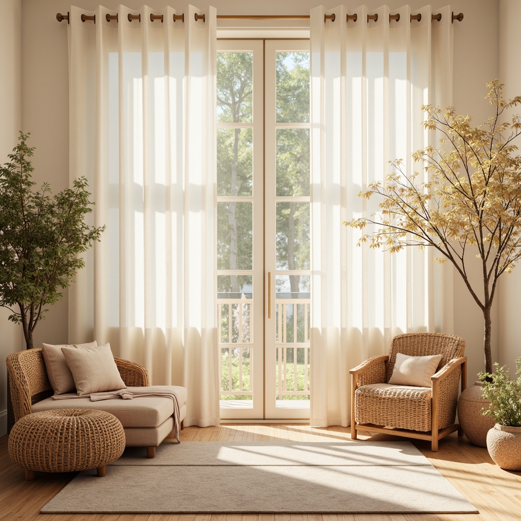 Prompt: Soft sunshine, warm beige, creamy whites, gentle peach tones, pale lavender accents, natural wood textures, woven fibers, earthy terracotta, soft greenery, calming blue undertones, serene atmosphere, airy lighting, subtle texture overlays, 1/2 composition, intimate framing, realistic material reflections.