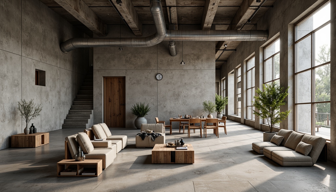 Prompt: Raw concrete walls, rugged stone floors, brutalist architecture, industrial chic decor, monochromatic color scheme, muted earth tones, exposed ductwork, steel beams, reclaimed wood accents, minimalist furniture, abundant natural light, dramatic shadows, low-angle shot, cinematic composition, gritty textures, realistic rendering.