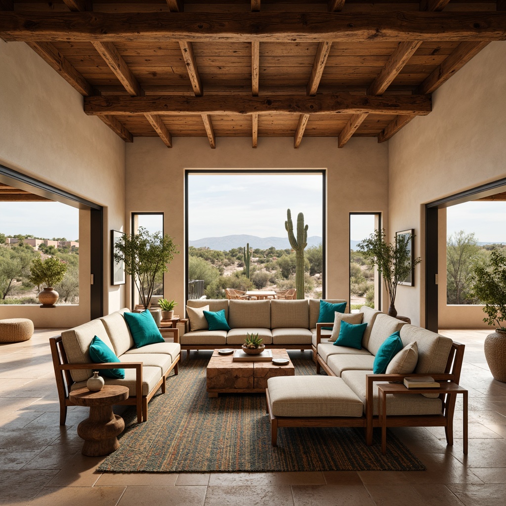 Prompt: Spacious great room, southwestern decor, open floor plan, high ceilings, wooden beams, large windows, sliding glass doors, natural stone floors, earthy color palette, comfortable sectional sofas, rustic wooden furniture, vibrant turquoise accents, woven textiles, patterned rugs, desert landscape views, warm sunny day, soft diffused lighting, shallow depth of field, 3/4 composition, realistic textures, ambient occlusion.