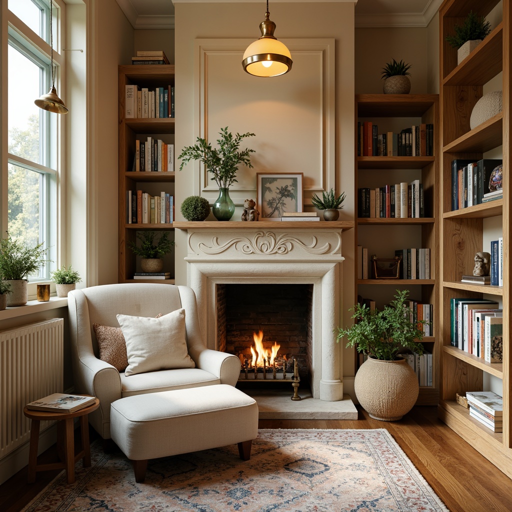 Prompt: Cozy reading nook, warm beige walls, plush velvet armchair, soft golden lighting, rich wood accents, vintage rug, earthy tone bookshelves, calming greenery, natural stone fireplace, crackling flames, comfortable throw pillows, soothing color scheme, pastel hues, creamy whites, mossy greens, dusty blues, warm neutrals, inviting atmosphere, relaxing ambiance, serene escape.