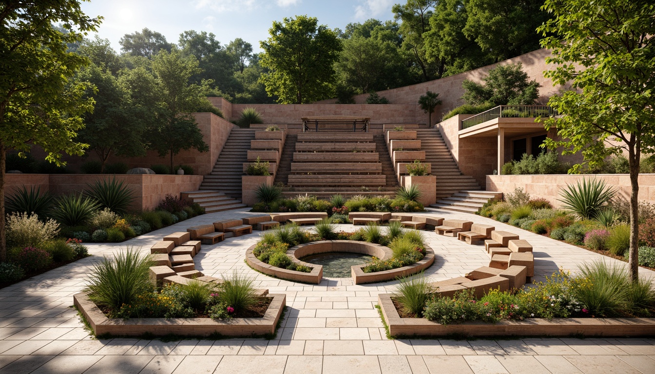 Prompt: Tiered seating, curved rows, wooden benches, rustic metal frames, amphitheater-inspired design, transitional style fusion, natural stone flooring, earthy tones, lush greenery, overflowing planters, warm sunny day, soft diffused lighting, shallow depth of field, 3/4 composition, panoramic view, realistic textures, ambient occlusion.