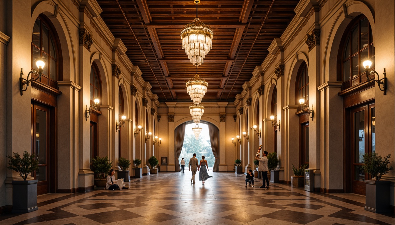 Prompt: Grand pavilion, classical architecture, ornate columns, carved stonework, symmetrical facade, elegant chandeliers, soft warm glow, golden lighting fixtures, crystal prisms, luxurious textiles, rich wood tones, intricate moldings, subtle ambient occlusion, natural daylight, softbox lighting, 1/1 composition, realistic reflections, high-contrast ratio, dramatic shadows, romantic evening atmosphere.