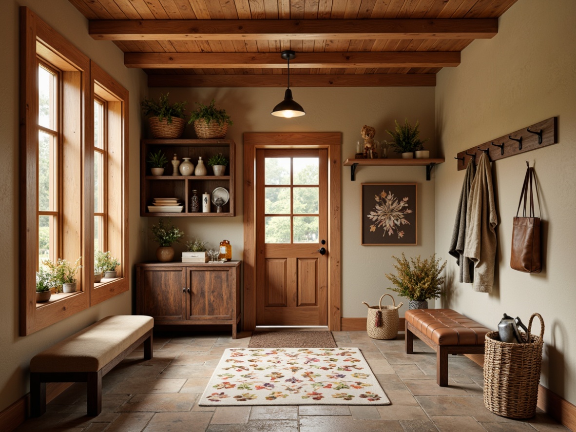 Prompt: Cozy mudroom, earthy tones, warm beige walls, rustic wooden accents, natural stone flooring, woven baskets, vintage metal hooks, soft apricot lighting, shallow depth of field, 1/1 composition, realistic textures, ambient occlusion, autumnal leaf patterns, distressed leather benches, industrial-style shelving units, galvanized metal decor, rich brown wood tones, creamy white trim, warm terracotta hues.