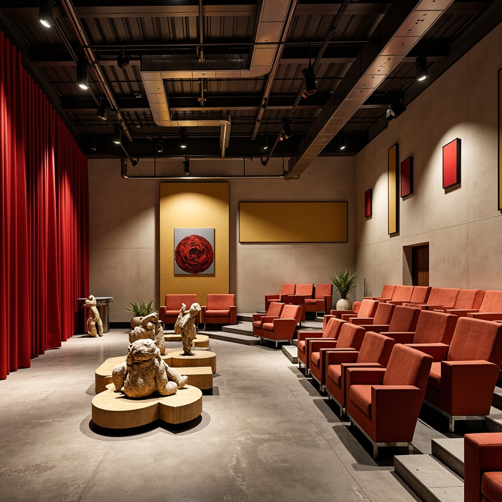 Prompt: Bauhaus-inspired auditorium interior, bold primary colors, contrasting secondary hues, geometric patterns, industrial materials, metal accents, minimalist decor, functional lighting fixtures, exposed ductwork, concrete floors, wooden seating, vibrant red curtains, neutral beige walls, abstract artwork, modernist sculptures, dramatic spotlights, high-contrast color scheme, 1-point perspective composition, cinematic atmosphere, realistic reflections, ambient occlusion.