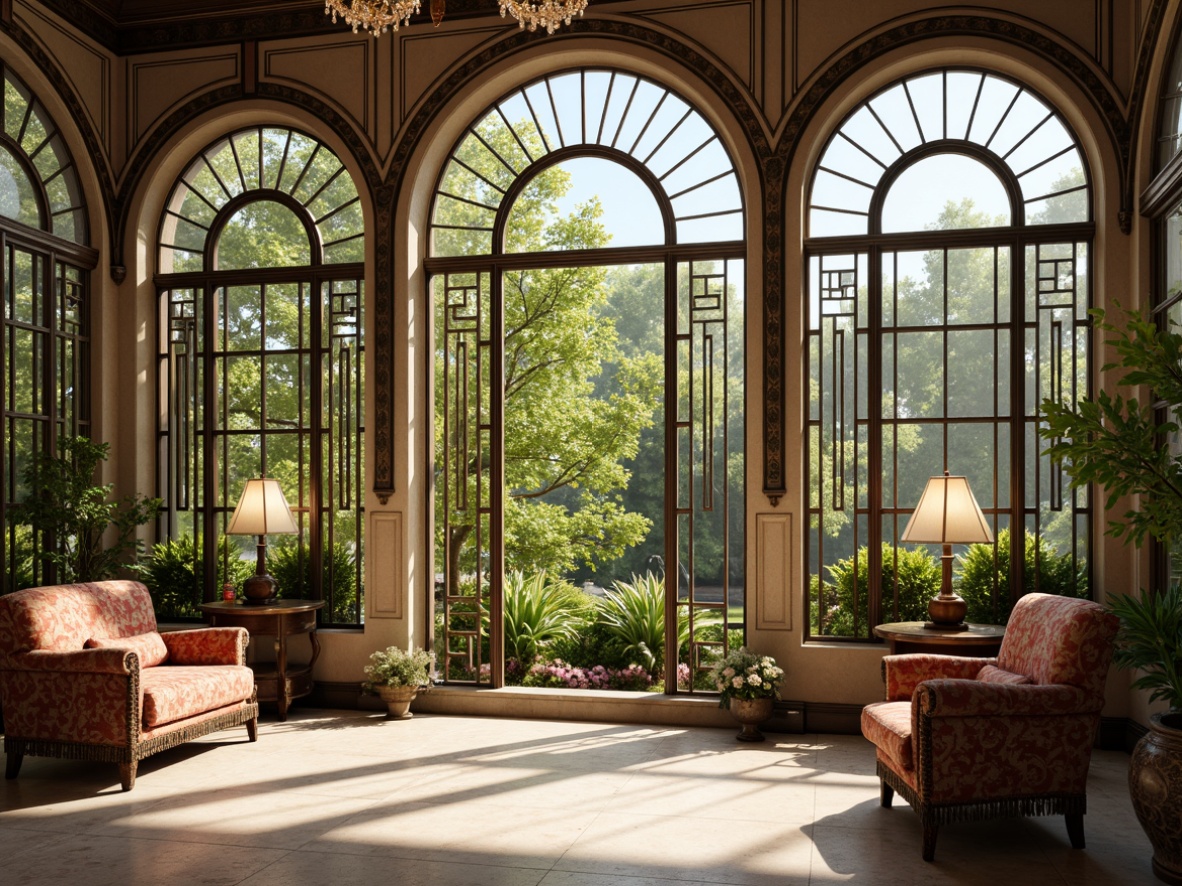 Prompt: Elegant sunroom, Art Deco inspired design, large windows, ornate metal frames, geometric patterns, luxurious fabrics, velvet drapes, crystal chandeliers, marble floors, bronze accents, natural stone walls, lush greenery, sunny day, warm soft lighting, shallow depth of field, 3/4 composition, panoramic view, realistic textures, ambient occlusion.