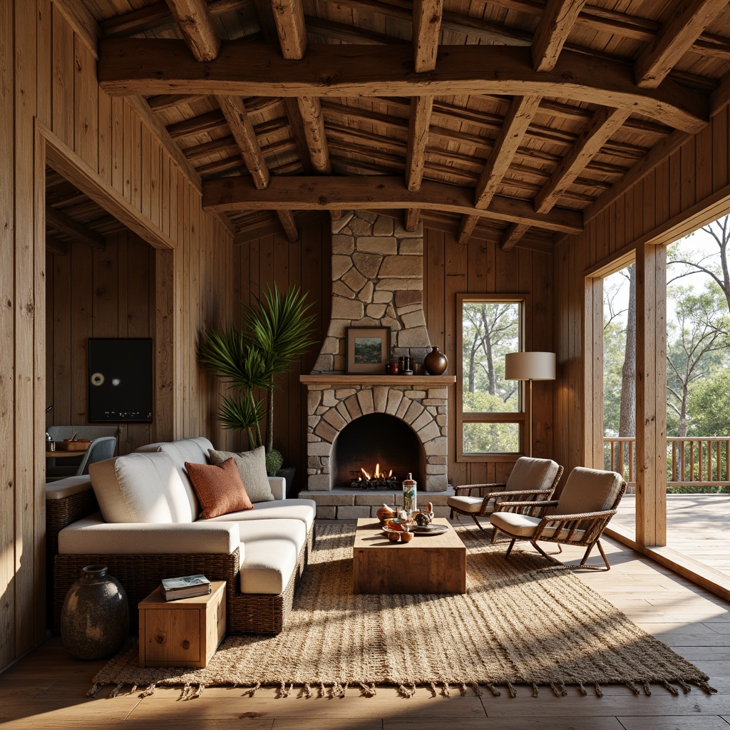 Prompt: Earthy cabin, reclaimed wooden walls, natural stone fireplace, woven wicker furniture, jute rugs, earthy color palette, organic textures, rustic metal accents, cozy ambiance, warm soft lighting, shallow depth of field, 1/1 composition, realistic render, ambient occlusion.