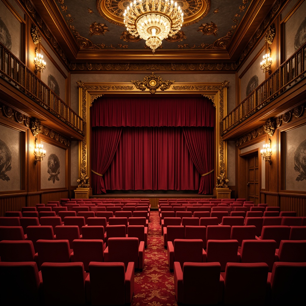 Prompt: Luxurious cinema interior, rich velvet curtains, ornate golden frames, plush red seats, intricate wooden carvings, grandiose chandeliers, dim warm lighting, soft crimson carpeting, decorative wall patterns, elegant balcony seating, refined Victorian architecture, opulent furnishings, lavish decorations, 3/4 composition, shallow depth of field, cinematic perspective, realistic textures, ambient occlusion.