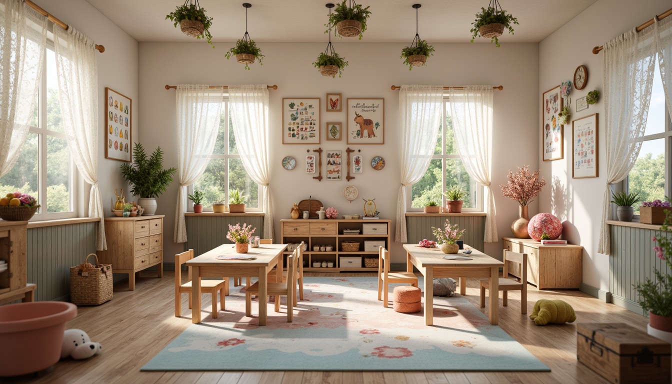 Prompt: Whimsical kindergarten classroom, distressed wood furniture, pastel color palette, soft cushions, vintage-inspired decorations, floral patterns, lace curtains, woven baskets, plush toys, educational posters, natural textiles, warm lighting, shallow depth of field, 1/1 composition, cozy atmosphere, rustic wooden tables, tiny chairs, decorative trunks, artificial flowers, playful rugs, creamy whites, pale pinks, baby blues, soft peaches.