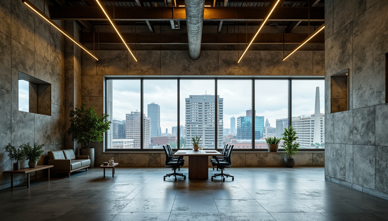 Prompt: Concrete brutalist office building, rugged stone walls, industrial metal beams, raw concrete floors, bold color palette, deep blues, rich greens, earthy browns, vibrant yellows, exposed ductwork, minimalist decor, functional lighting, urban cityscape, busy streets, modern skyscrapers, cloudy day, dramatic shadows, high contrast, 1/1 composition, cinematic mood, realistic textures, ambient occlusion.