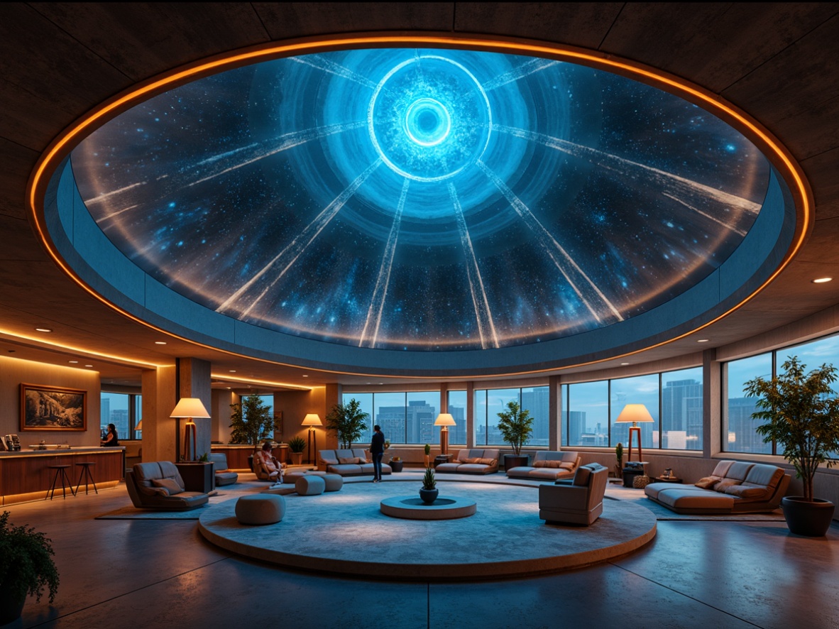 Prompt: Celestial planetarium, retro-futuristic aesthetic, mid-century modern architecture, spherical dome structure, starry night sky projections, ambient warm lighting, soft blue glow, subtle LED accents, minimalist metal fixtures, industrial-chic concrete floors, geometric patterned rugs, atomic-age inspired decorative elements, 1950s-style futuristic furniture, cozy reading nooks, atmospheric fog effects, dramatic spotlights, cinematic color grading, shallow depth of field, 3/4 composition, panoramic view, realistic textures, ambient occlusion.