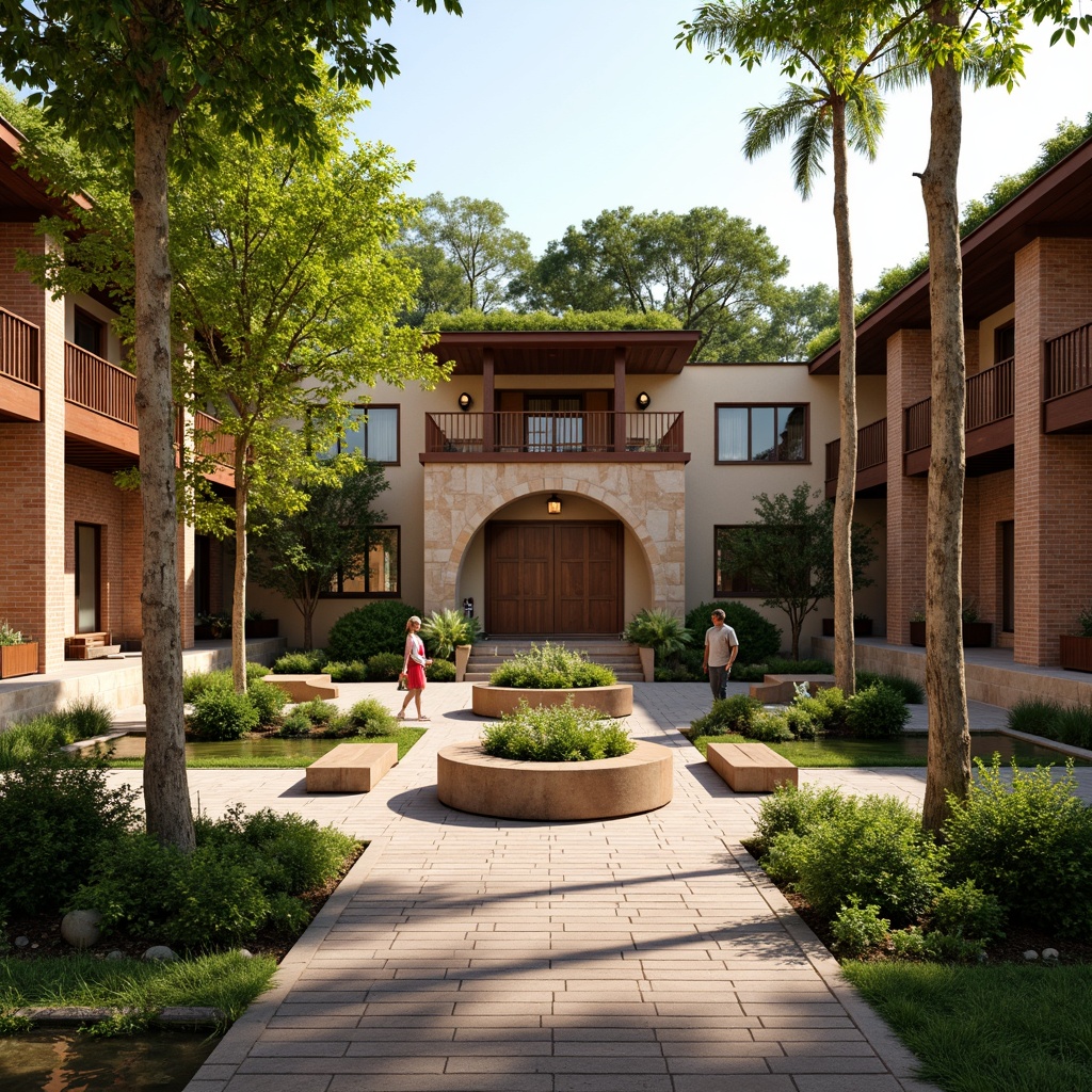 Prompt: Earthy-toned courthouse, natural stone fa\u00e7ade, rustic wooden accents, green roofs, lush vegetation, serene water features, organic-shaped benches, warm beige walls, reclaimed wood flooring, earthy-red brick columns, soft warm lighting, shallow depth of field, 3/4 composition, panoramic view, realistic textures, ambient occlusion.