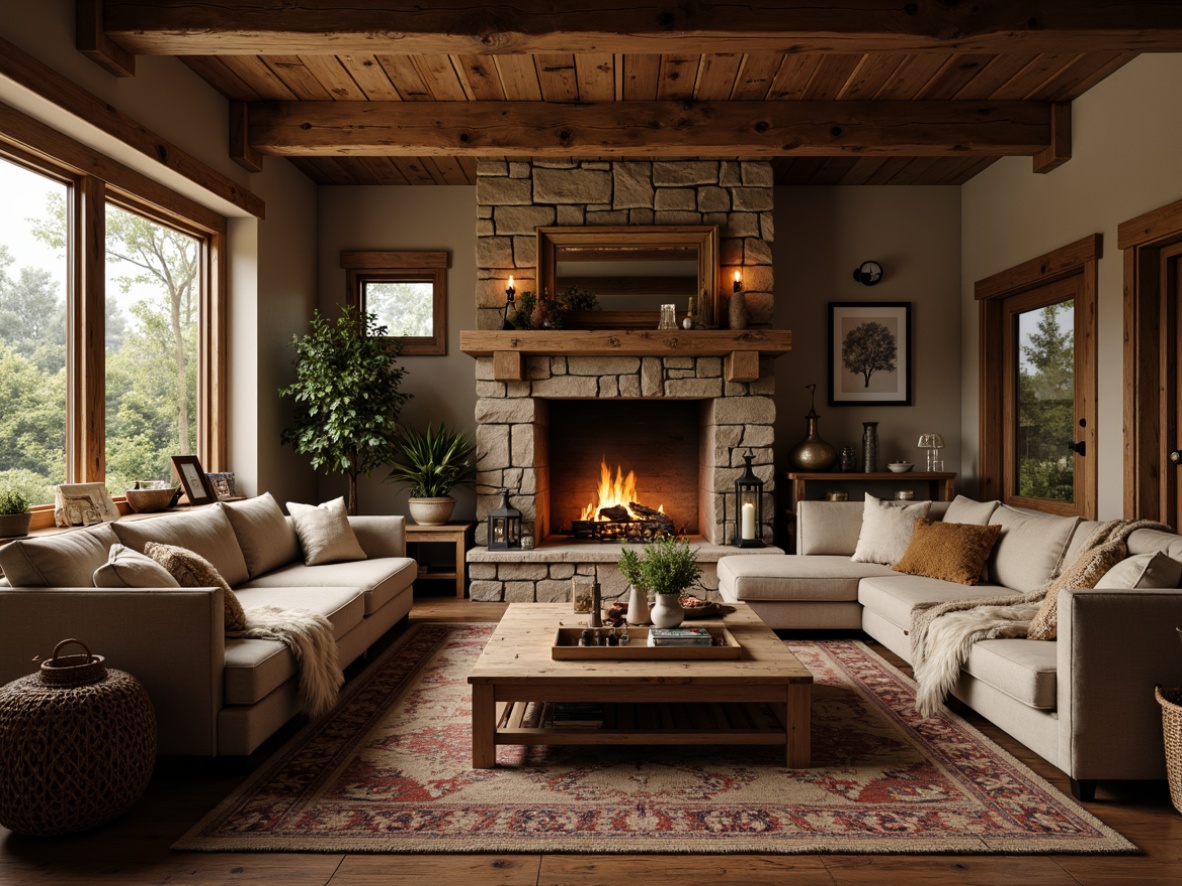 Prompt: Cozy family room, rustic wooden beams, natural stone fireplace, plush sectional sofa, woven baskets, vintage metal lanterns, earthy color palette, warm candlelight, soft faux fur throws, distressed wood coffee table, potted greenery, reclaimed wood shelving, traditional rug patterns, warm golden lighting, shallow depth of field, 1/2 composition, intimate atmosphere.