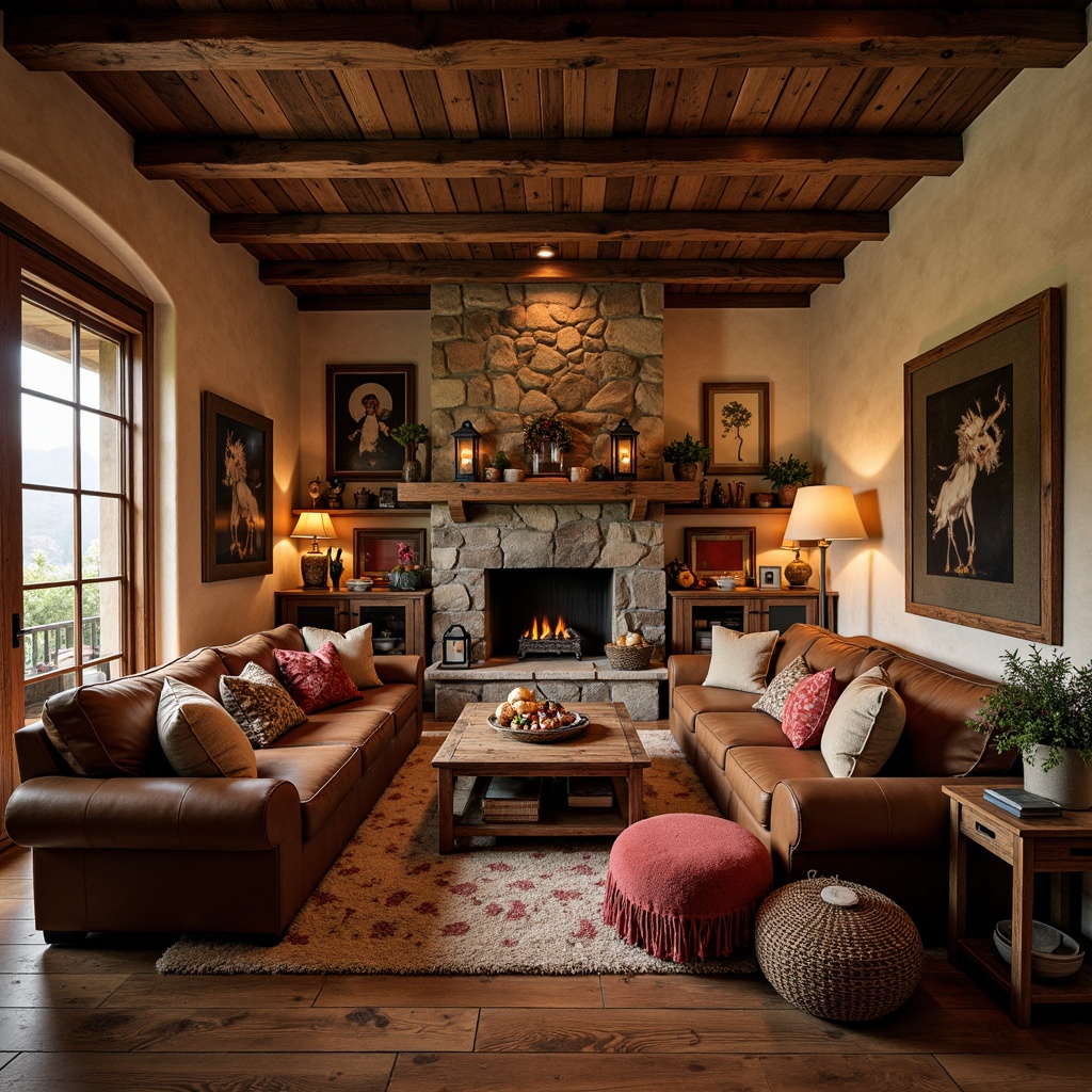 Prompt: Cozy family room, warm earthy tones, rusty reds, weathered woods, vintage furniture, distressed textures, natural stone fireplace, plush throw blankets, soft candlelight, rich brown leather sofas, woven wicker baskets, antique metal lanterns, floral patterns, warm beige walls, rustic wooden beams, earthy scent, inviting atmosphere, shallow depth of field, 1/1 composition, realistic rendering.