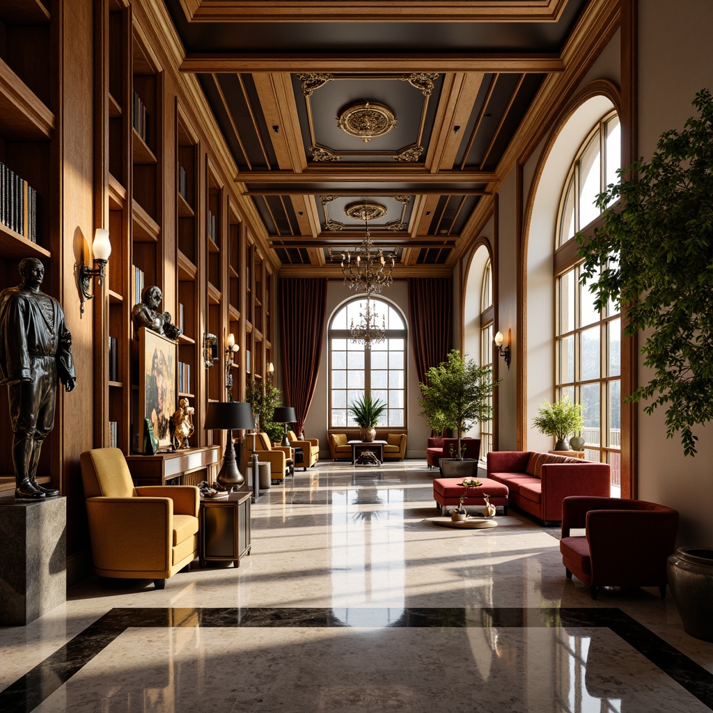 Prompt: Luxurious interior space, metallic accents, gold leaf details, sleek chrome fixtures, bronze statues, marble flooring, high ceilings, grand chandeliers, velvet upholstery, rich wood tones, sophisticated color palette, dramatic lighting effects, shallow depth of field, 1/1 composition, cinematic view, realistic reflections, ambient occlusion.