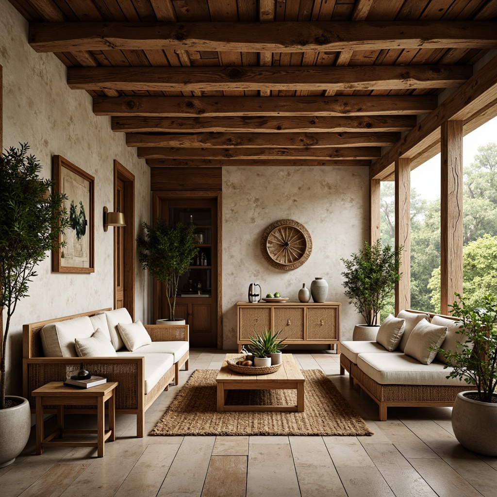 Prompt: Rustic wooden beams, reclaimed wood floors, natural stone walls, earthy color palette, woven wicker furniture, jute rug, linen upholstery, bamboo accents, rattan lighting fixtures, organic shapes, botanical elements, lush greenery, soft warm lighting, shallow depth of field, 1/2 composition, realistic textures, ambient occlusion.