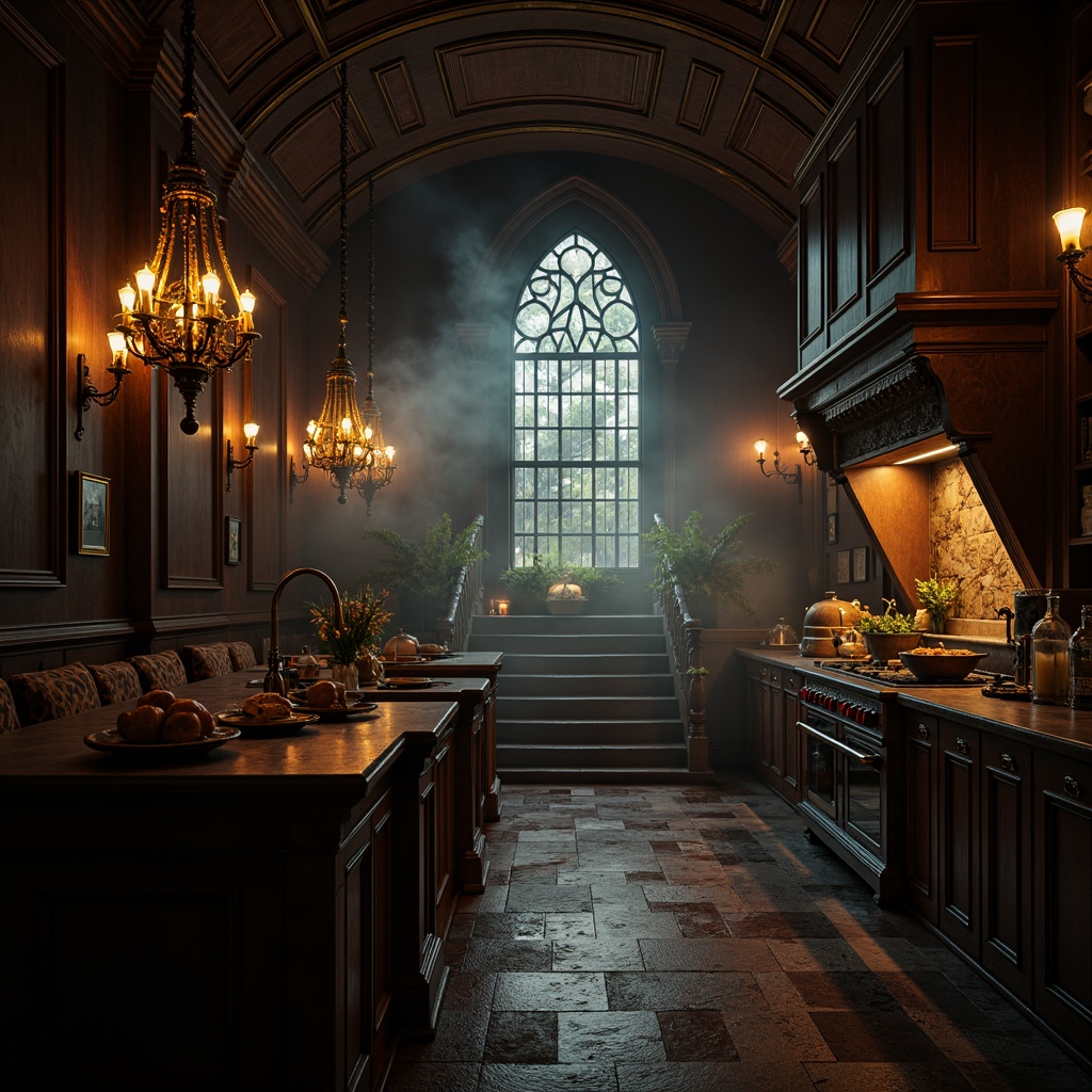 Prompt: Dark kitchen, mysterious ambiance, gothic architectural elements, vaulted ceilings, ornate chandeliers, pendant lights, candlelit atmosphere, warm golden lighting, rich wood tones, intricate stone carvings, grandiose furniture, luxurious velvet fabrics, dramatic shadows, low-key illumination, atmospheric fog effect, cinematic composition, high-contrast lighting, mysterious color palette, eerie mood.