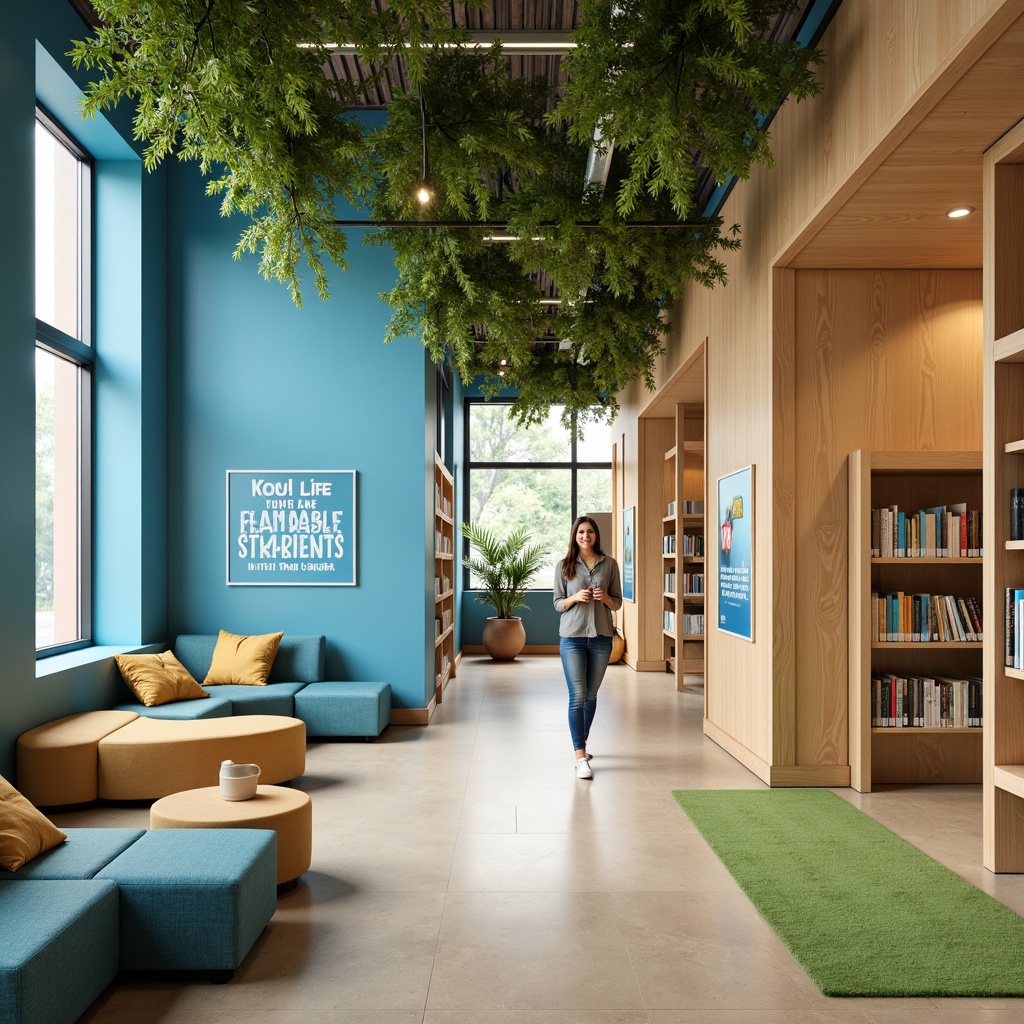 Prompt: Vibrant learning environment, calm blue walls, warm beige furniture, soft green accents, natural wood textures, cozy reading nooks, comfortable seating areas, inspirational quotes, educational graphics, abundant natural light, gentle diffused lighting, shallow depth of field, 1/1 composition, realistic renderings, ambient occlusion.