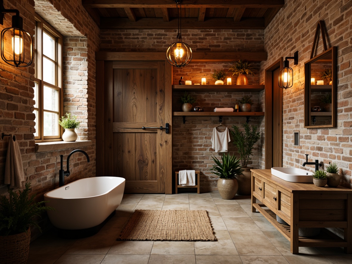 Prompt: Rustic bathroom ambiance, reclaimed wood accents, vintage metal fixtures, earthy color palette, natural stone flooring, wooden beam ceiling, pendant lanterns, candlelight, soft warm glow, cozy atmosphere, nature-inspired decor, woven textiles, distressed finishes, antique hardware, exposed brick walls, industrial-chic lighting, metal shades, Edison bulbs, warm white light, 3/4 composition, shallow depth of field.