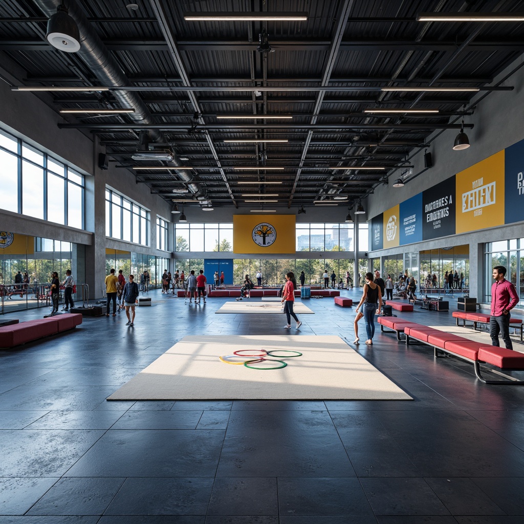 Prompt: Modern gymnasium interior, functional training zones, mirrored walls, rubber flooring, metal equipment frames, adjustable lighting systems, sound-absorbing acoustic panels, motivational quotes, dynamic color schemes, high ceilings, open spaces, natural ventilation, large windows, abundant daylight, ergonomic benches, water bottle stations, athletic tracks, gymnastic equipment, Olympic rings, inspirational murals, 3D visualization, shallow depth of field, realistic textures, ambient occlusion.