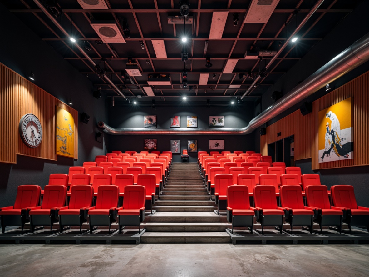 Prompt: Bauhaus-style auditorium, geometric seating layout, minimalist design, sleek metal frames, vibrant red seats, industrial-chic atmosphere, high ceilings, exposed ductwork, polished concrete floors, dramatic spotlights, 3/4 composition, shallow depth of field, cinematic lighting, avant-garde architecture, futuristic ambiance, urban loft-inspired decor, reclaimed wood accents, modern art installations, abstract sculptures.