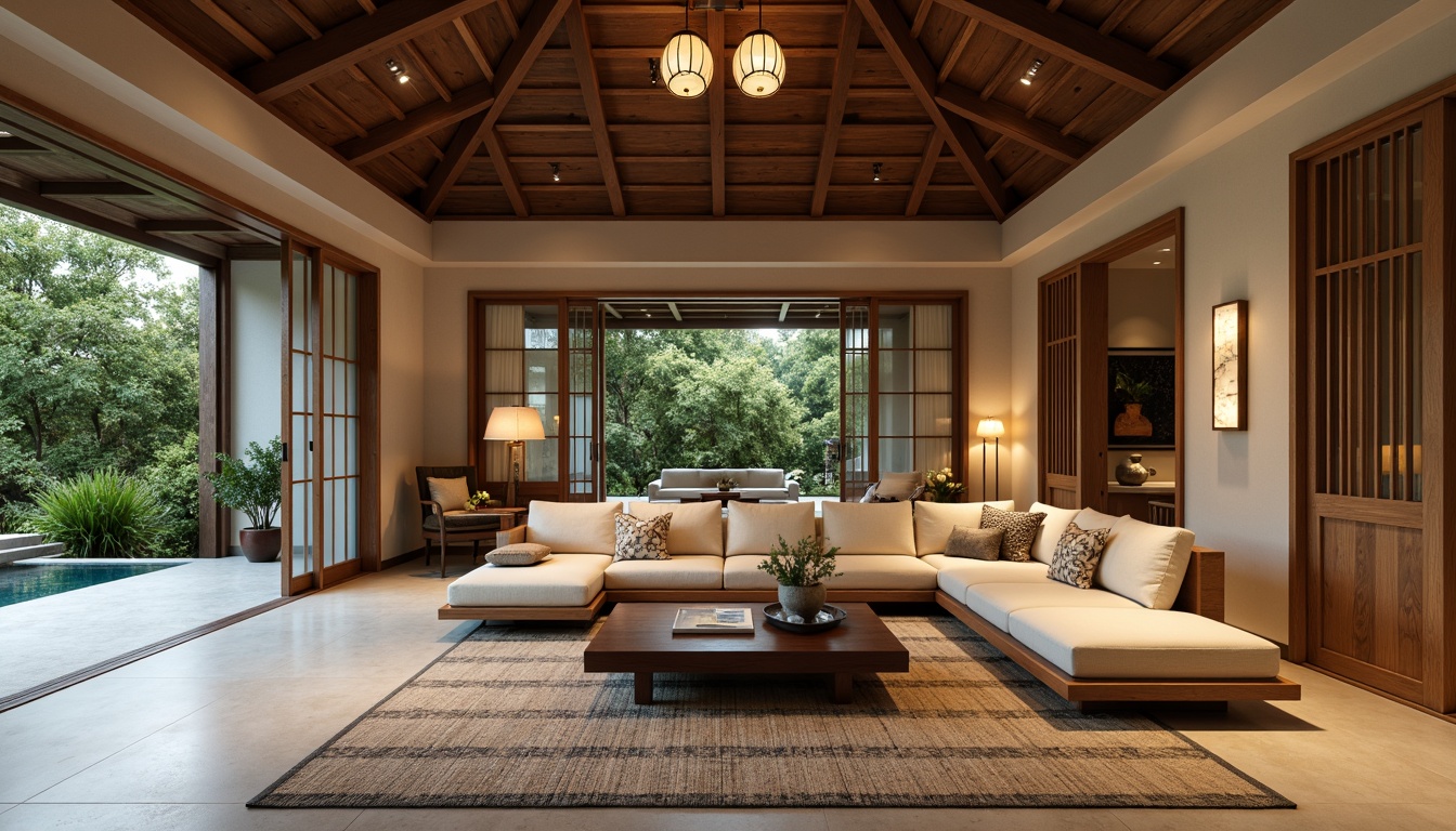 Prompt: Elegant great room, low-seating sectional sofa, rich wood tones, hand-carved wooden coffee table, intricately patterned rugs, natural fiber textiles, subtle lighting, paper lanterns, shoji screens, sliding glass doors, serene outdoor views, lush greenery, bamboo accents, minimalist decor, neutral color palette, warm beige walls, polished stone floors, ambient soft lighting, shallow depth of field, 1/2 composition, realistic textures.