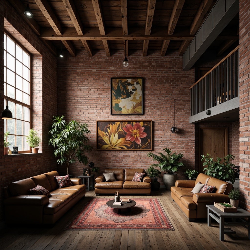 Prompt: Exposed brick walls, industrial metal beams, reclaimed wood accents, distressed leather furniture, vintage machinery parts, earthy tones, rich browns, deep grays, weathered steel blues, warm golden lighting, atmospheric shadows, realistic textures, shallow depth of field, 2/3 composition, dramatic contrast, moody ambiance.