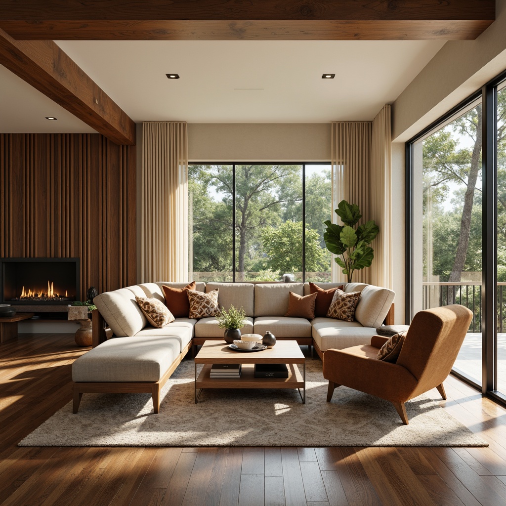 Prompt: Cozy living room, plush sectional sofa, oversized pillows, warm beige walls, rich wood flooring, modern minimalist coffee table, floor-to-ceiling windows, natural daylight, soft diffused lighting, 1/2 composition, intimate atmosphere, comfortable reading nook, velvet armchair, geometric patterned rug, lush greenery, ambient occlusion.