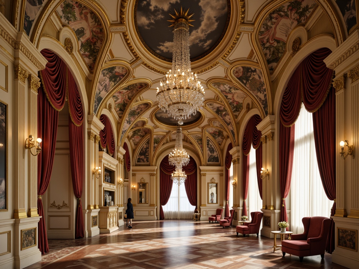 Prompt: Ornate chandeliers, gilded moldings, delicate stucco work, intricate frescoes, lavish drapery, rich velvet fabrics, opulent crystal droplets, majestic archways, grandiose columns, sweeping curves, soft golden lighting, warm beige tones, ornamental plasterwork, Baroque-inspired patterns, flamboyant furnishings, regal atmosphere, luxurious materials, exquisite craftsmanship, dramatic shadows, high contrast ratio, 1/2 composition, shallow depth of field.