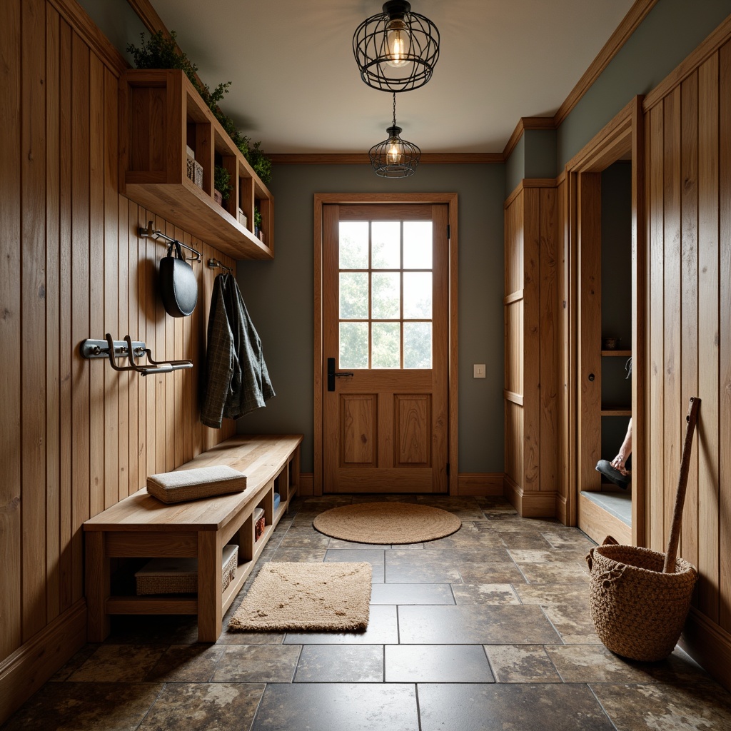 Prompt: Cozy mudroom, rustic wooden accents, earthy color palette, natural stone flooring, textured ceramic tiles, water-resistant laminate, durable hardwood planks, industrial-style metal grids, warm area rugs, functional storage benches, hooks for hanging outdoor gear, soft warm lighting, shallow depth of field, 3/4 composition, realistic textures, ambient occlusion.