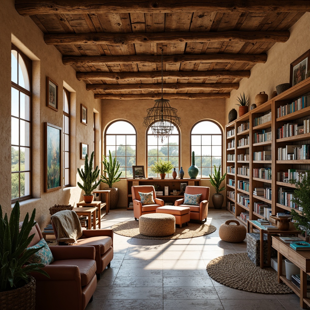 Prompt: \Earthy bookstore, southwestern decor, distressed wood shelves, vibrant turquoise accents, woven textiles, natural stone flooring, cozy reading nooks, plush armchairs, warm beige walls, rustic wooden beams, ambient warm lighting, shallow depth of field, 3/4 composition, panoramic view, realistic textures, desert landscape, cactus plants, hot sunny day, clear blue sky, vast open space, adobe-inspired architecture, stucco walls, arched windows, colorful pottery, woven baskets, eclectic book displays, cozy coffee corner, rustic wooden tables.\This prompt includes the main subject (bookstore), its features (southwestern style, earthy decor, etc.), environmental descriptions (desert landscape, cactus plants, hot sunny day), and camera settings (ambient warm lighting, shallow depth of field, 3/4 composition, panoramic view).