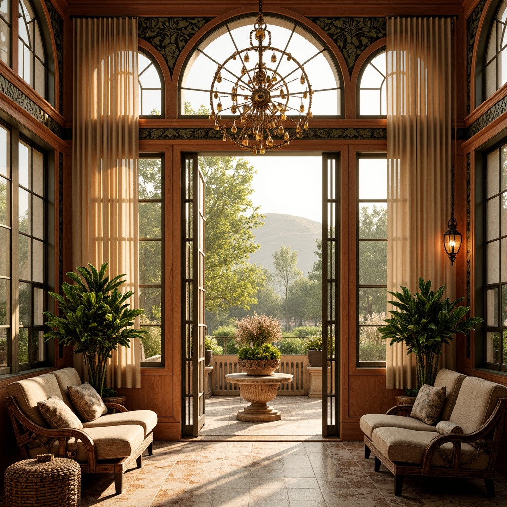 Prompt: Vibrant sunroom, Art Deco style, ornate metalwork, geometric patterns, lavish furnishings, opulent chandeliers, warm golden lighting, soft diffused glow, natural daylight pouring in, sheer curtains, luxurious textiles, marble floors, sleek chrome accents, stylized botanical motifs, elegant archways, dramatic ceiling heights, 1/1 composition, high-key lighting, realistic reflections, ambient occlusion.