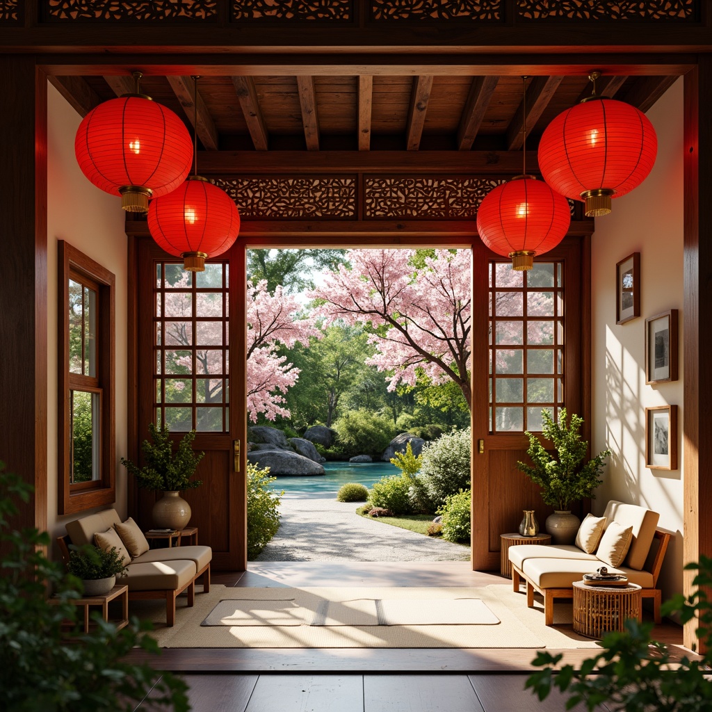 Prompt: Vibrant red lanterns, intricately carved wooden doors, ornate golden hardware, lush greenery, delicate cherry blossom branches, serene water features, natural stone pathways, subtle cream-colored walls, traditional Japanese tatami mats, minimalist modern furniture, warm soft lighting, shallow depth of field, 3/4 composition, panoramic view, realistic textures, ambient occlusion.